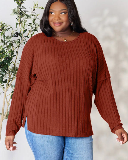 Basic Bae Full Size Ribbed Round Neck Slit Knit Top