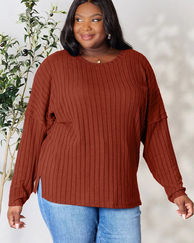 Basic Bae Full Size Ribbed Round Neck Slit Knit Top