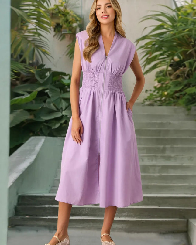 Smocked Zip Front Cap Sleeve Dress