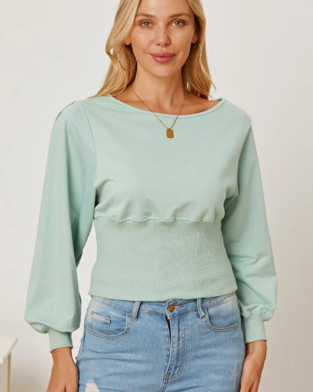 Boat Neck Lantern Sleeve Blouse Sage