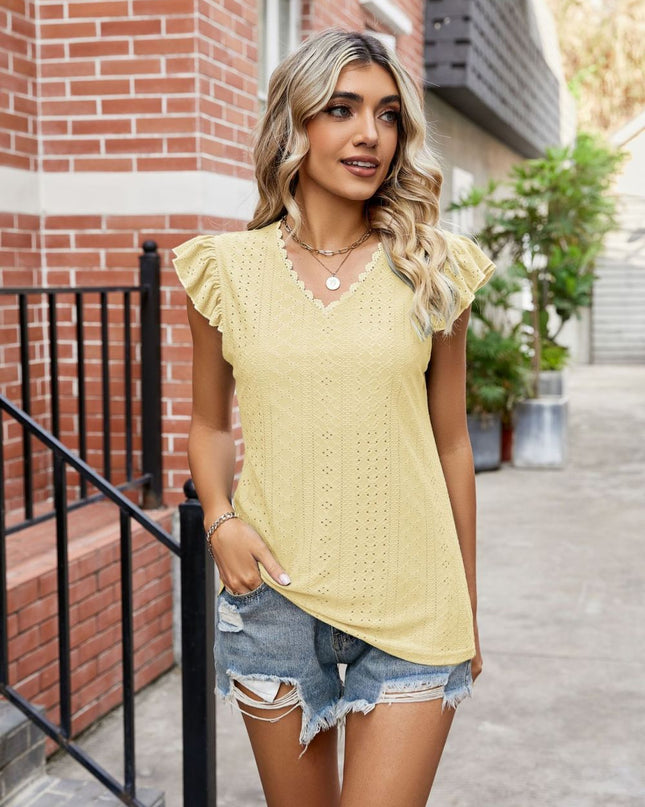 Eyelet Flutter Sleeve Scalloped V-Neck Top