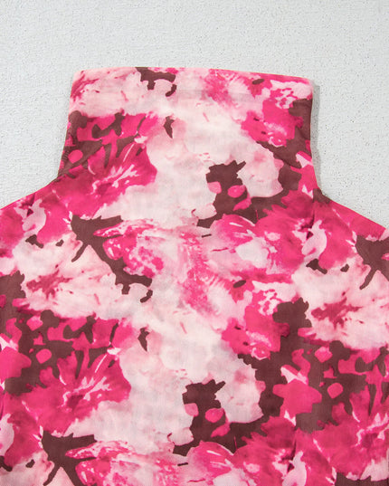 Floral Mesh Flounce Sleeve Mock Neck Blouse