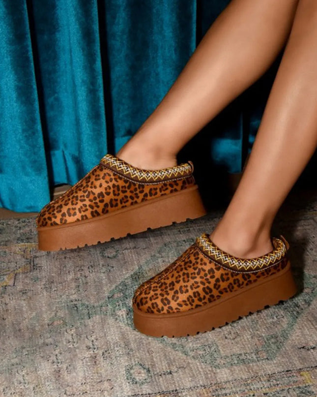 WILD DIVA Embroidered Trim Round Toe Platform Boots Leopard