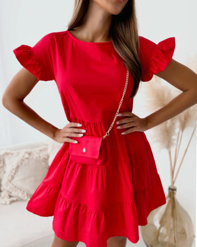Ruffle Sleeve Tiered Swing Dress Red