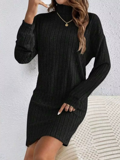 Casual Ribbed Turtleneck Long Sleeve Mini Dress