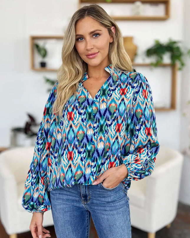 Double Take Full Size Printed Balloon Sleeve Blouse