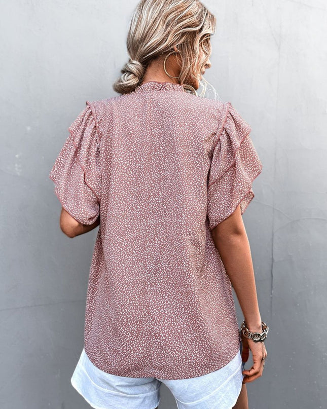 Printed Flutter Sleeve V-Neck Top
