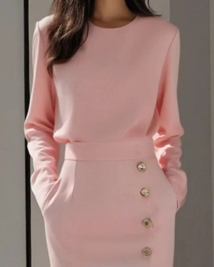 Long Sleeve Button Detail Midi Dress with Side Slit