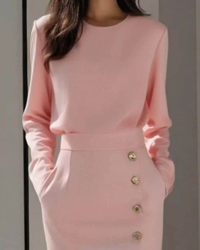 Long Sleeve Button Detail Midi Dress with Side Slit