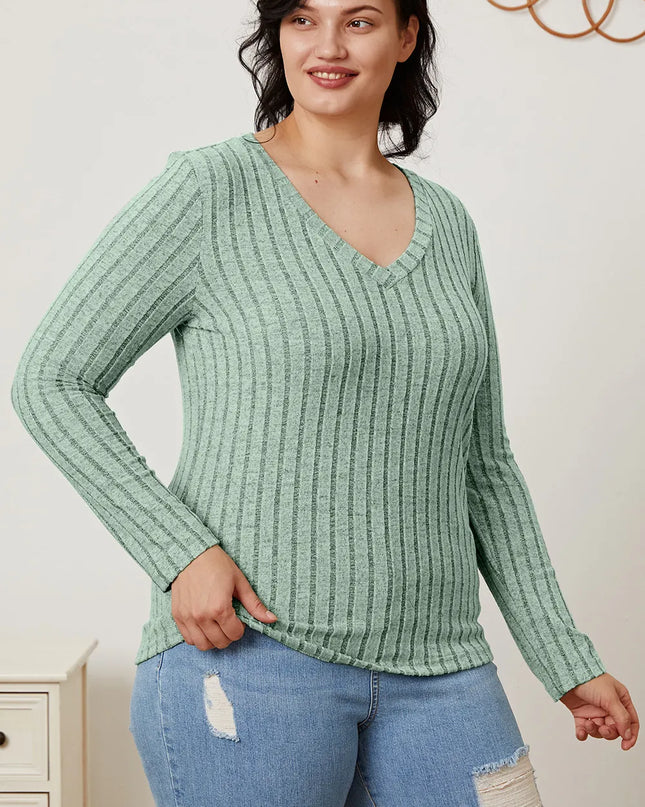 Basic Bae Full Size Ribbed V-Neck Long Sleeve T-Shirt