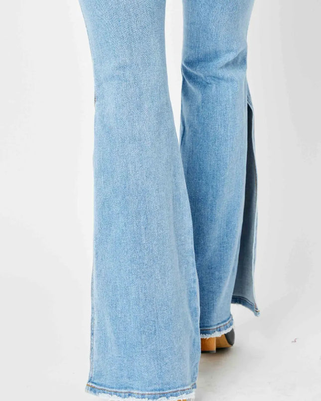 Judy Blue Full Size Mid Rise Raw Hem Slit Flare Jeans