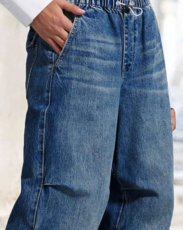 Drawstring Waist Wide Leg Shirred Jeans