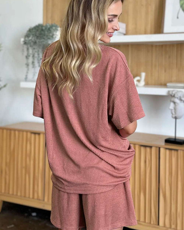 Double Take Full Size Round Neck Short Sleeve T-Shirt and Shorts Set