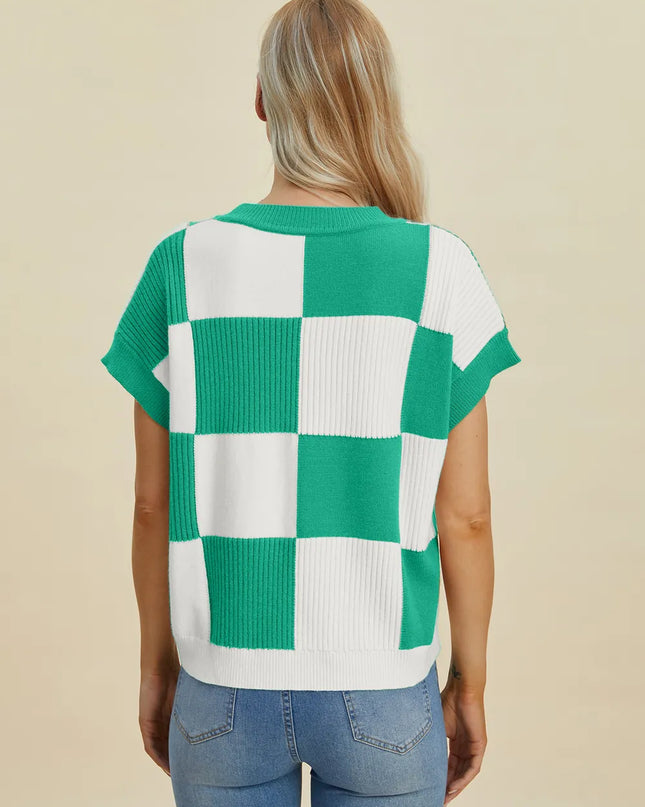Double Take Full Size Checkered Round Neck Short Sleeve Sweater