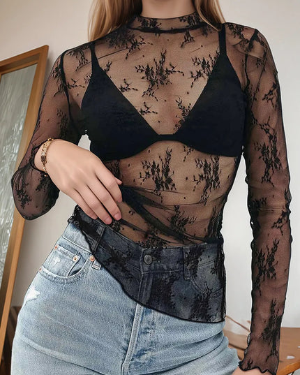 Floral Mock Neck Long Sleeve Mesh Top Black