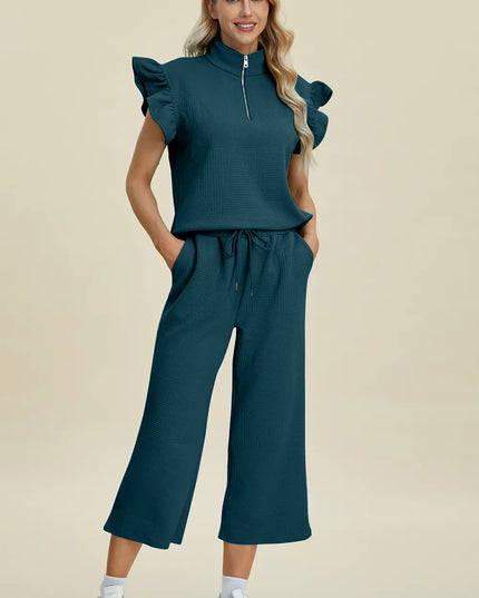 Double Take Full Size Texture Ruffle Short Sleeve Top and Wide Leg Pants Set Deep Teal