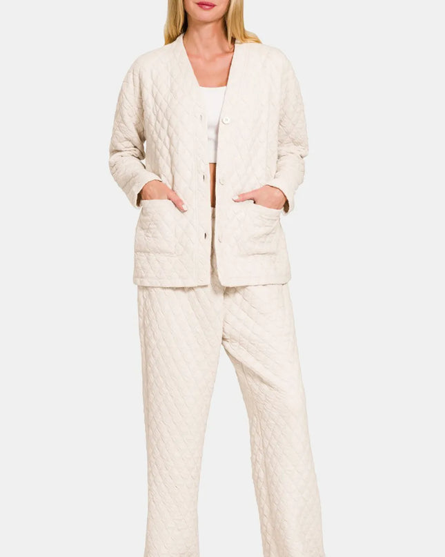 Zenana Quilted Button Up Long Sleeve Top and Pants Lounge Set Beige