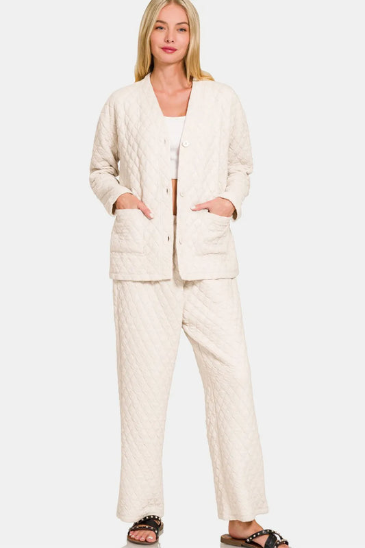 Zenana Quilted Button Up Long Sleeve Top and Pants Lounge Set Beige