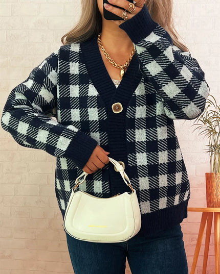 Plaid Button-Down Cardigan Navy One Size