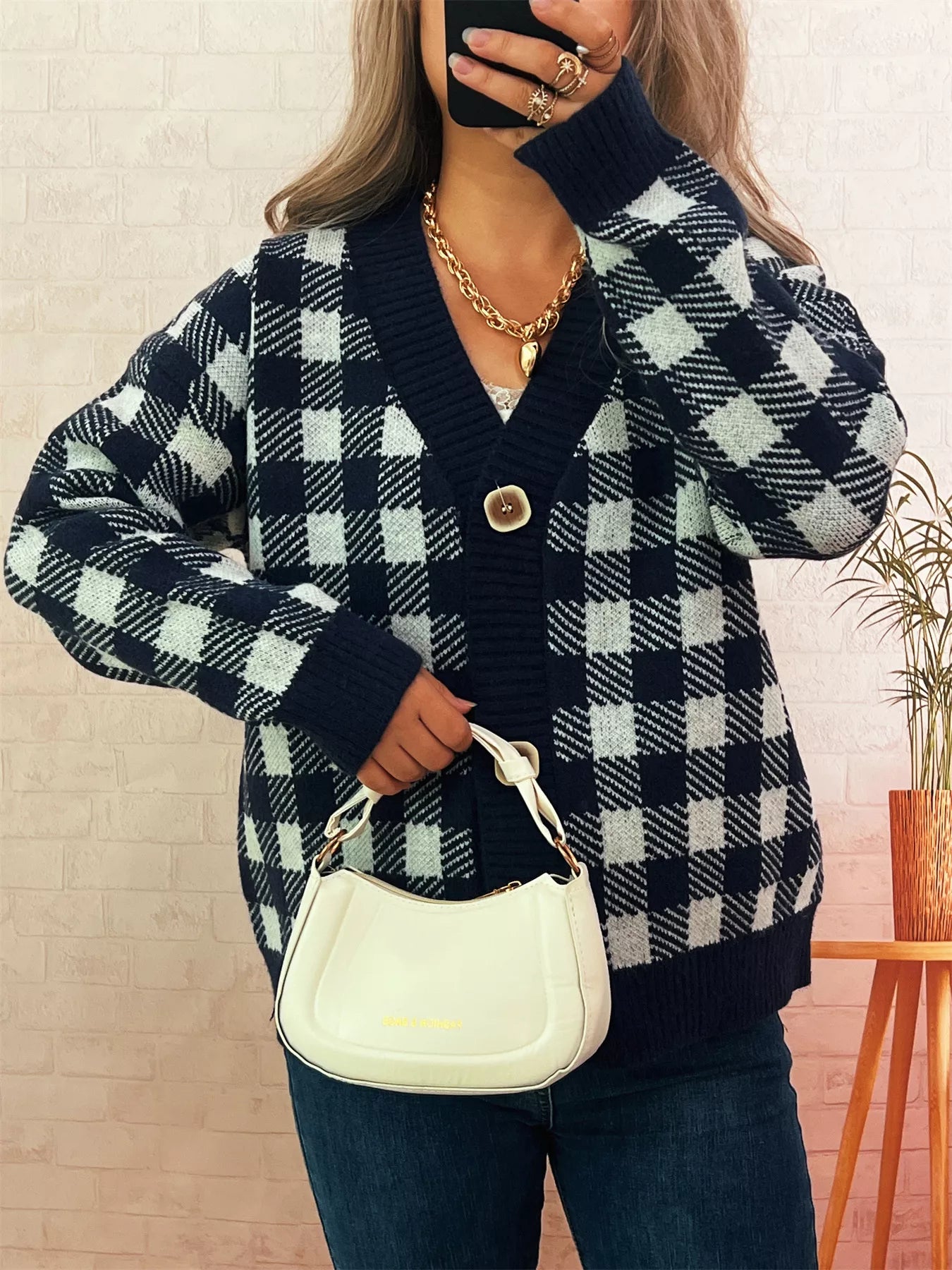 Plaid Button-Down Cardigan Navy One Size