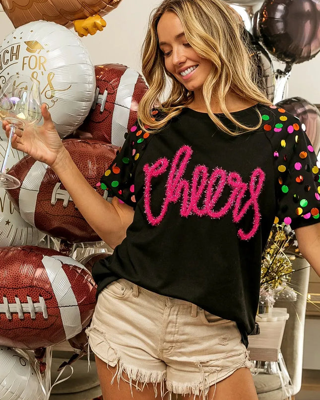 BiBi Metallic Letter Spangle Raglan Puff Sleeve Top