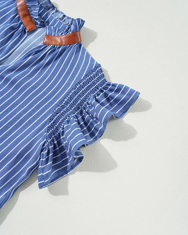 Stripe Frilly Split Neck Shirred Ruffle Sleeve Short Shift Dress