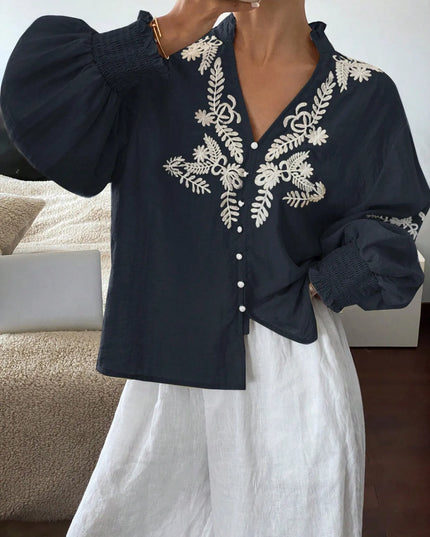 Embroidered Lantern Sleeve Blouse Navy