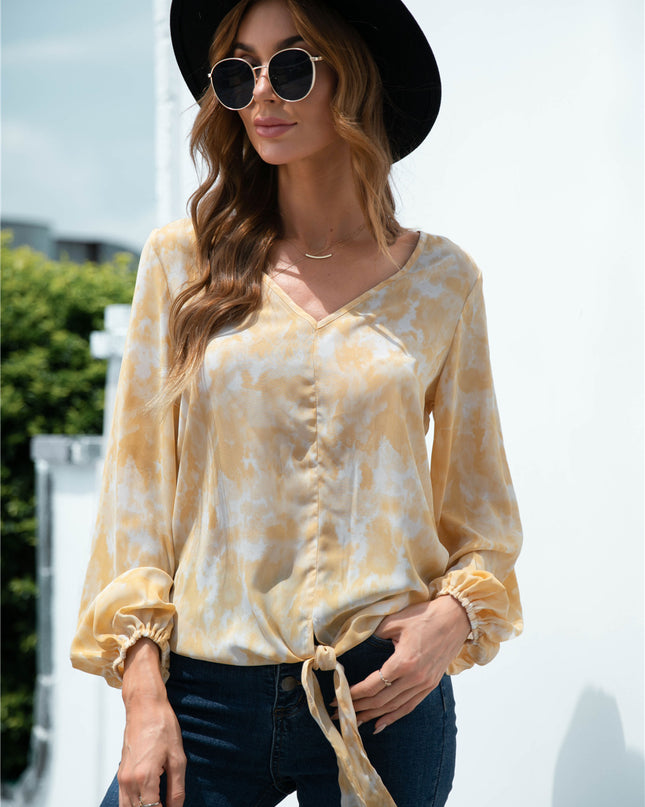 Tie-Dye Tied Balloon Sleeve Blouse
