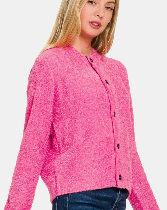 Zenana Button Down Long Sleeve Sweater Cardigan Fuchsia
