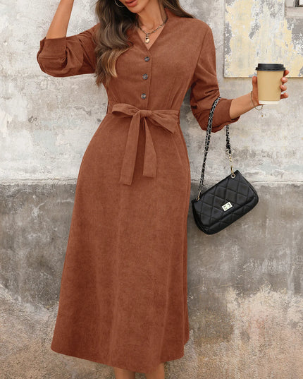 Long Sleeve Button Front Belted Midi Dress Brown