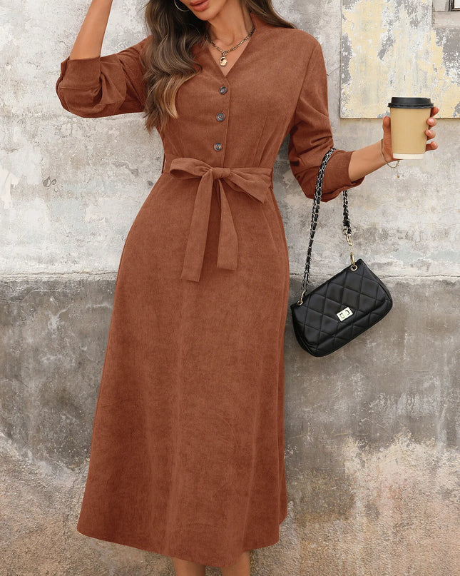 Long Sleeve Button Front Belted Midi Dress Brown