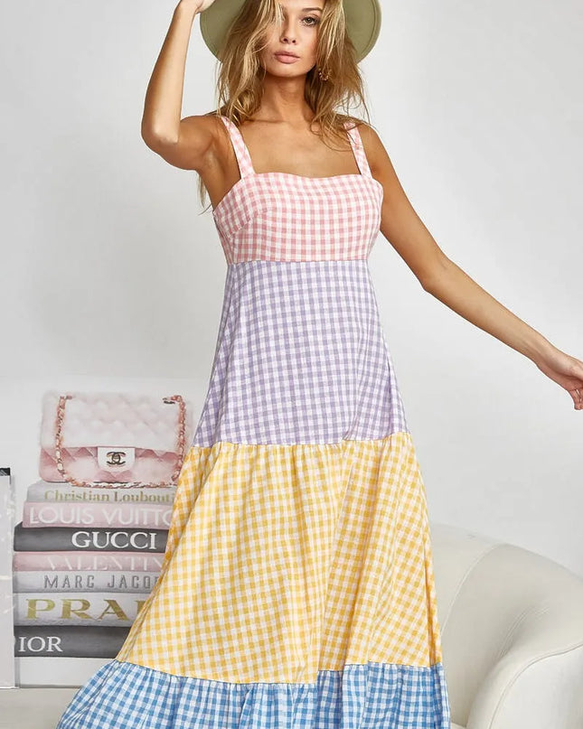 BiBi Color Block Tiered Gingham Dress