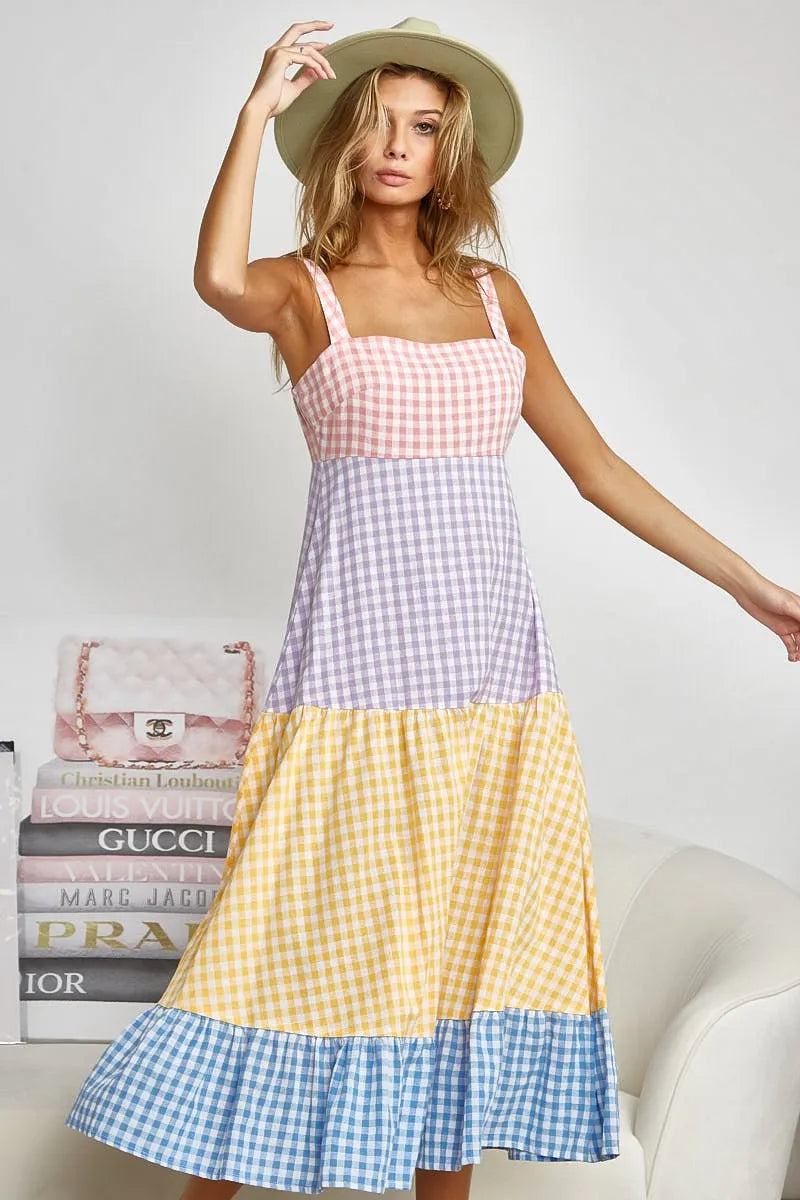 BiBi Color Block Tiered Gingham Dress