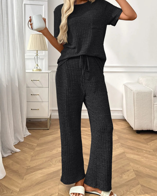 Ribbed Knit Short Sleeve Top and Pants Lounge Set Black Gray