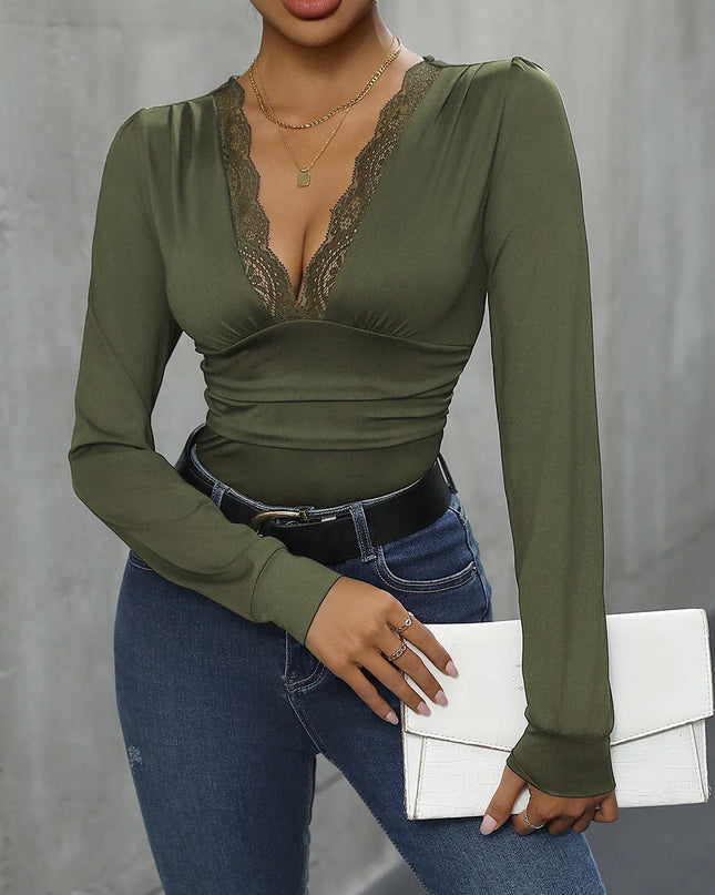Perfee Lace Detail Plunge Long Sleeve Bodysuit