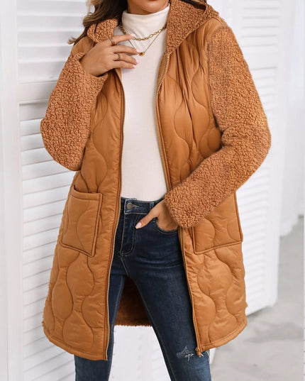 Zip Up Long Sleeve Hooded Outerwear Camel