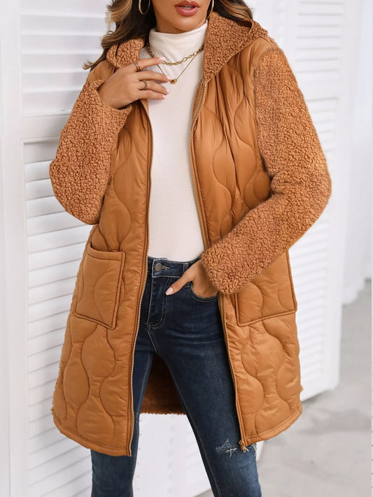 Zip Up Long Sleeve Hooded Outerwear Camel
