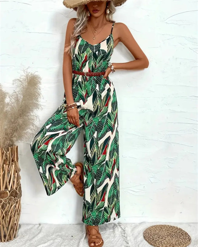 Tropical Print Spaghetti Strap Wide Leg Jumpsuit