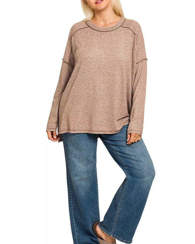 Zenana Full Size Melange Hacci Exposed Seam Hi-low Tee Plus Size