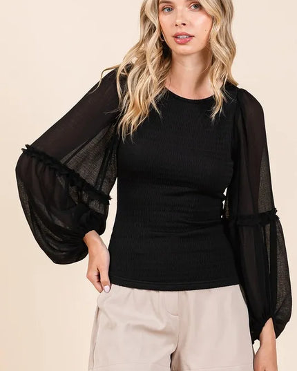 Mittoshop Mixed Media Textured Knit Chiffon Long Sleeve Top 