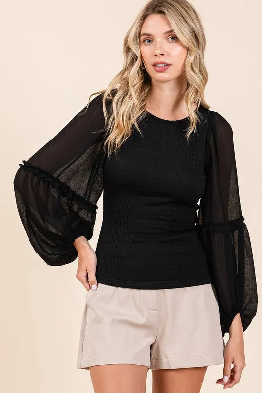 Mittoshop Mixed Media Textured Knit Chiffon Long Sleeve Top 