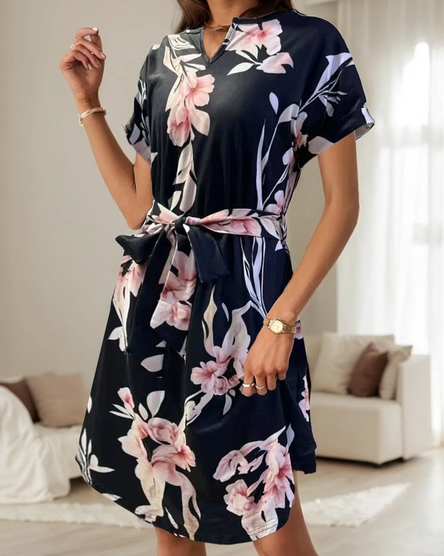 Abstract Print Belted Short Sleeve Midi Dress