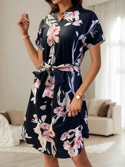 Abstract Print Belted Short Sleeve Midi Dress