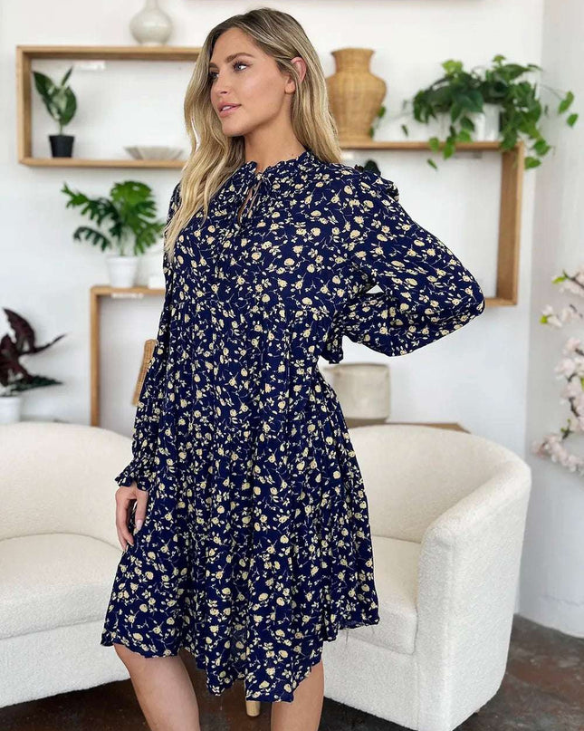 Double Take Full Size Printed Ruffle Hem Long Sleeve Tiered Dress