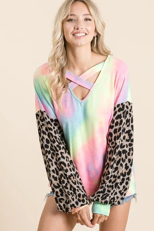 BiBi Tie Dye Terry Top with Leopard Puff Sleeves