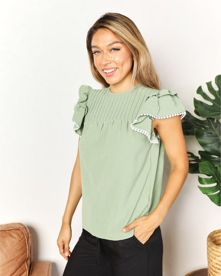Perfee Pleated Detail Flutter Sleeve Blouse
