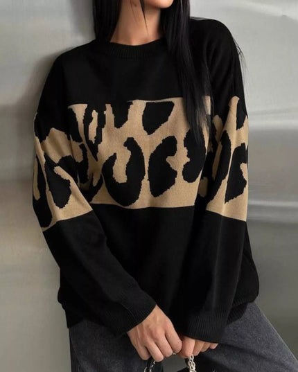 Leopard Color Block Round Neck Sweater Black