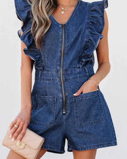 Denim Ruffled Zipped Front Belted Romper