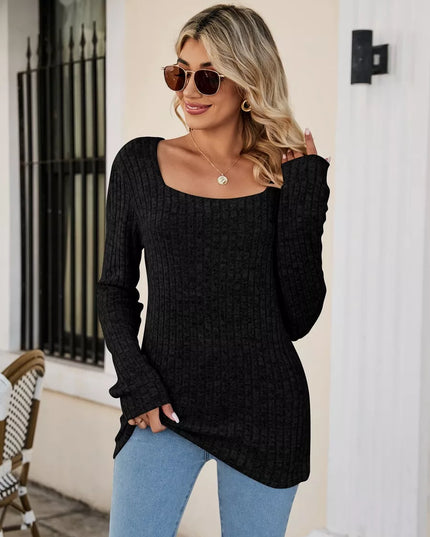 Ribbed Square Neck Long Sleeve T-Shirt Black