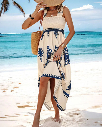 Smocked Printed Wide Strap Maxi Dress 